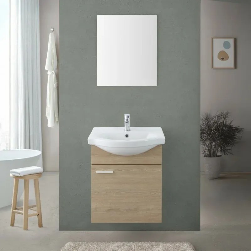 Mobile bagno sospeso 55 cm Rovere Dolomite completo di lavabo e specchio Desya