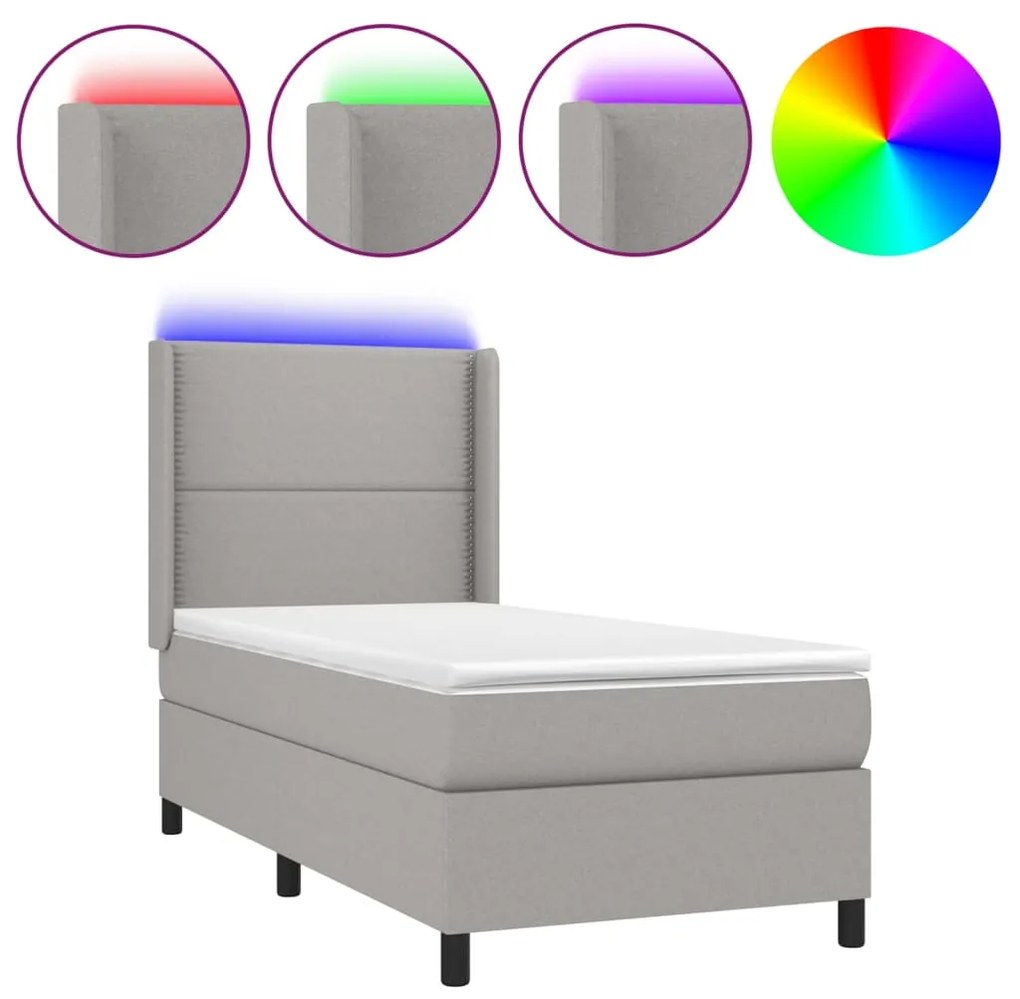 Letto a Molle Materasso e LED Grigio Chiaro 90x190 cm Tessuto