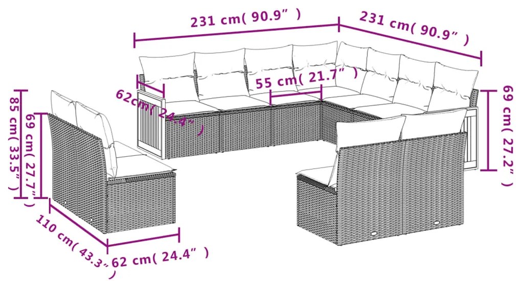 Set divani da giardino 11 pz con cuscini in polyrattan nero