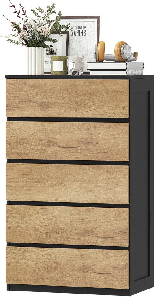 Cassettiera 5 Cassetti 60x39x100 cm con Guide in Metallo e Maniglie Scanalate in Legno Nero e Rovere...
