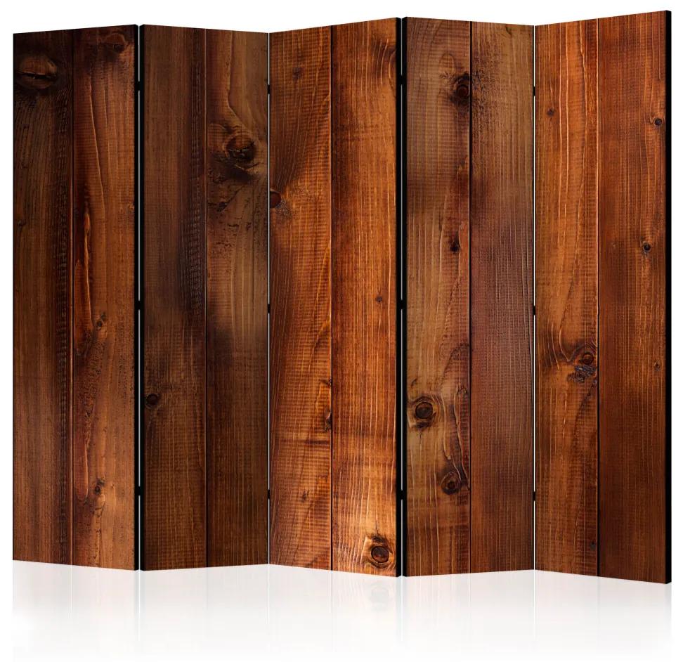 Paravento Assi di pino II (5-parti) - sfondo mogano a texture legnosa