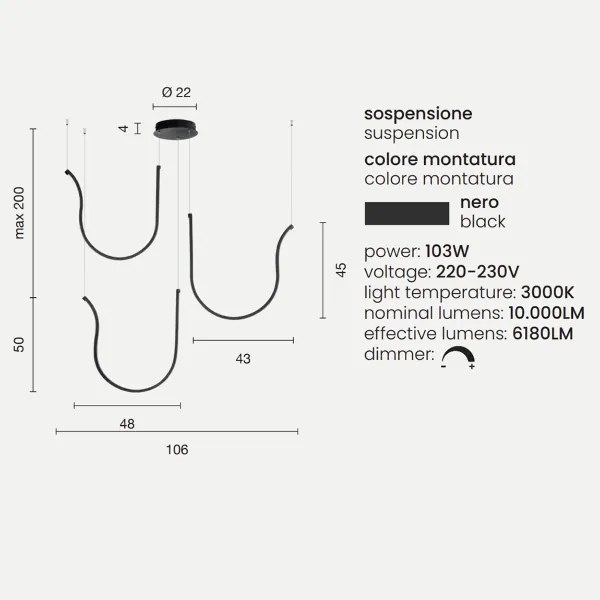 Lampada a sospensione ARQUA 3 Luci in metallo verniciato 106 cm NERO