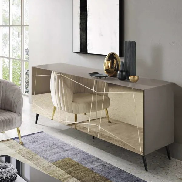 Madia credenza a 3 ante in vetro specchio bronzo scocca tortora e 5 piedini ISIDE