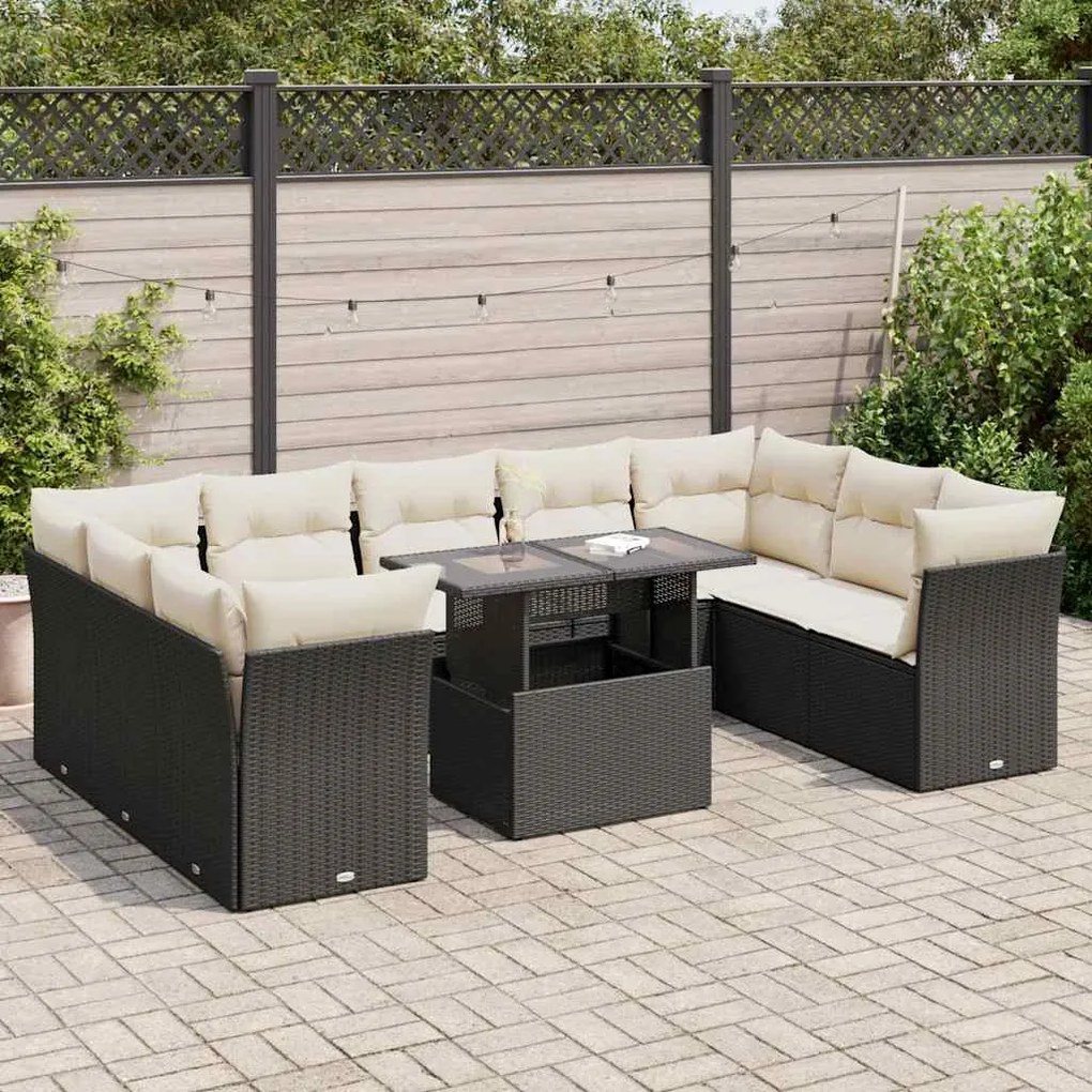 Set divani da giardino 10pz con cuscini in polyrattan nero