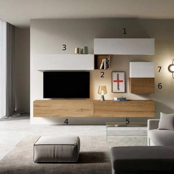 Parete attrezzata in legno sospesa moderna L.308xP.39,5 bianco e quercia A10