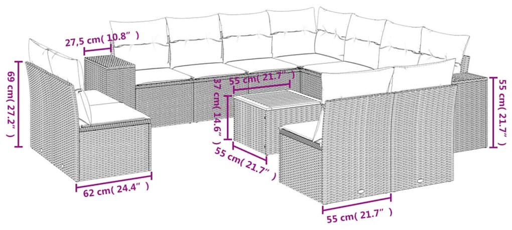 Set divani da giardino 12 pz con cuscini beige in polyrattan