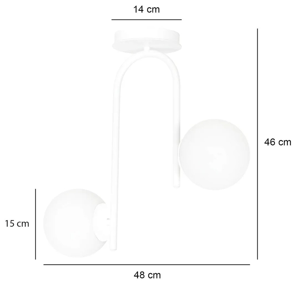 Lampadario 2 Luci Kalf In Acciaio Bianco A Bracci E Sfere In Vetro Opalino