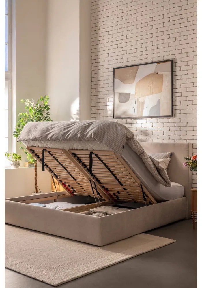 Letto matrimoniale imbottito beige con contenitore e rete inclusi 160x200 cm Thessa Bold – Bonami Selection