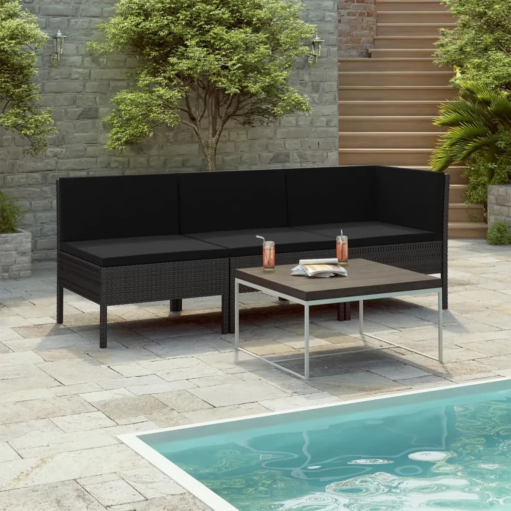 Set divani da giardino 3 pz con cuscini in polyrattan nero