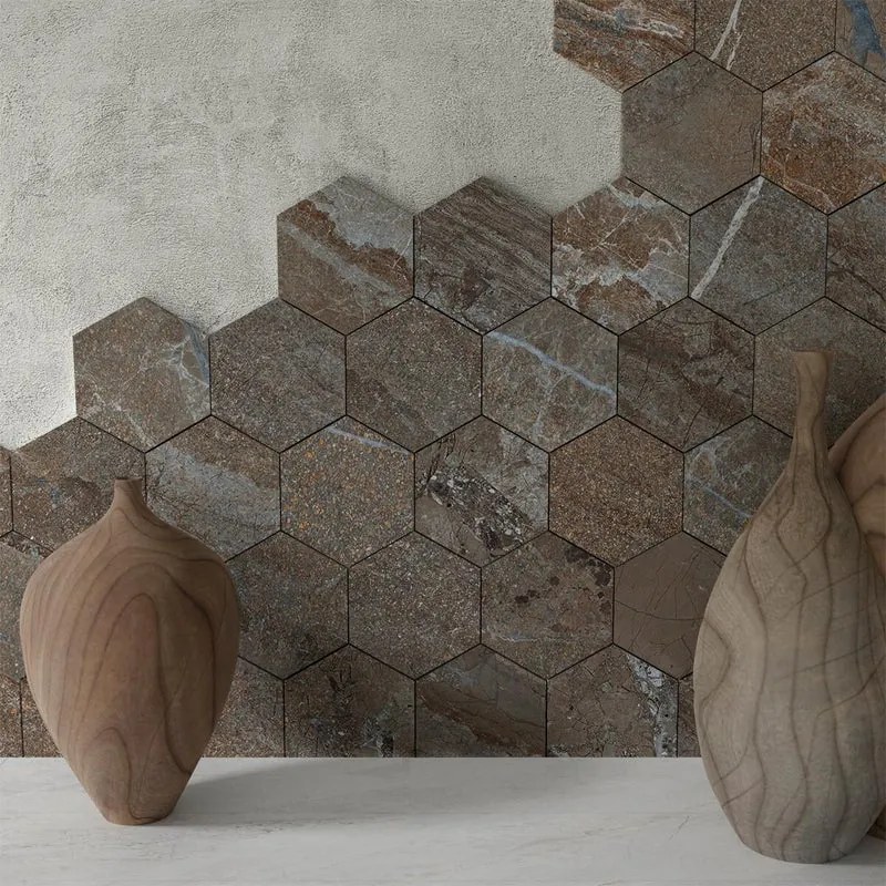 Mosaico in gres porcellanato Hellir marrone e beige e azzurro opaco L 30.2 x L 30.2cm x Sp. 9 mm, 7 pezzi