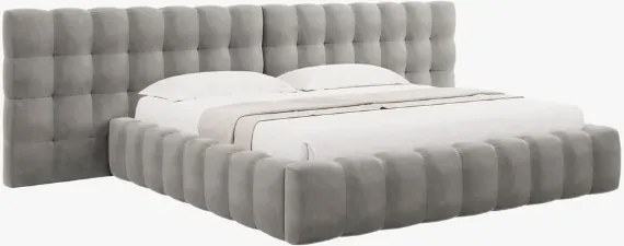 Letto matrimoniale Mamaia in tessuto Bouclé con contenitore e testiera doppia - 180x200 cm
