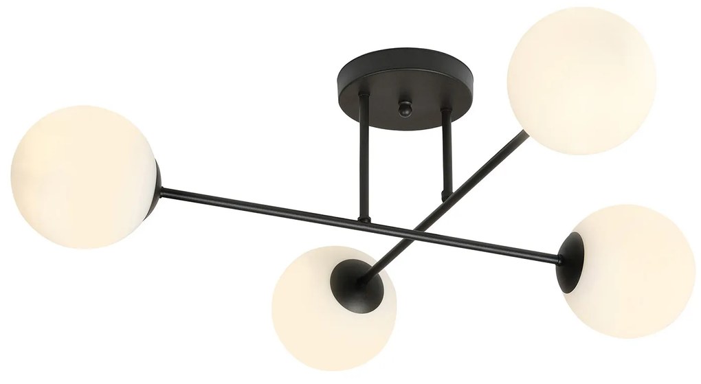 Plafoniera Moderna Morrigan 4 Luci In Acciao Nero E Sfere In Vetro Bianco