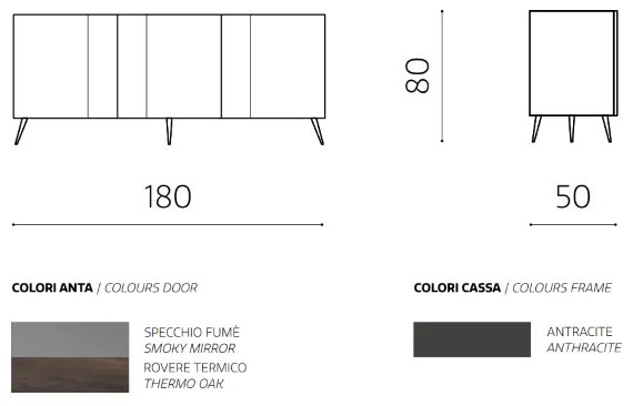 Madia 180 cm in legno Rovere Termico 3 ante con specchio 5 piedini - ROMEO