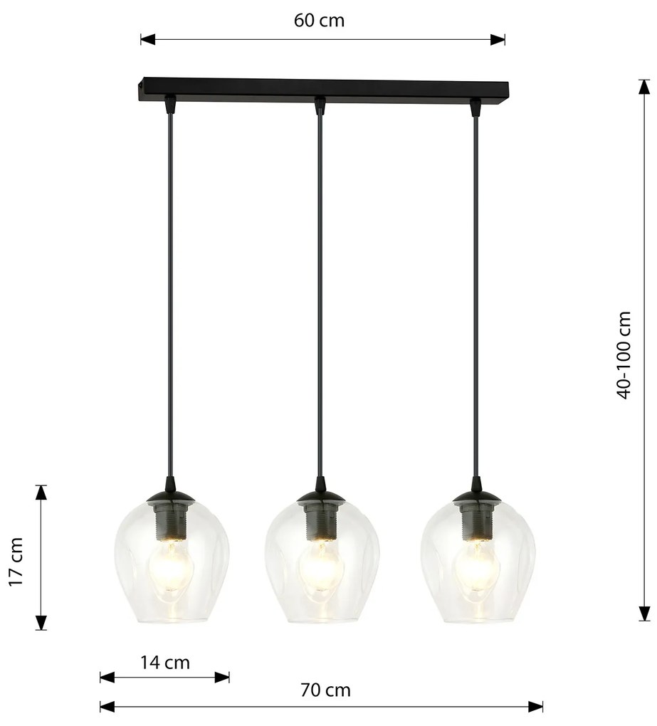 Lampadario 3 Luci Fuxi In Acciaio Nero E Vetri Trasparente