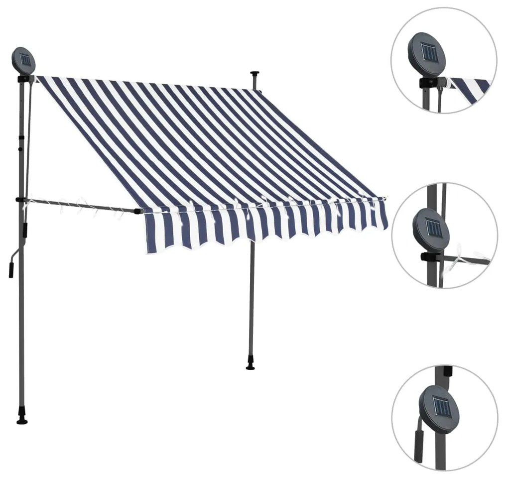 Tenda da Sole Retrattile Manuale con LED 200 cm Blu e Bianca