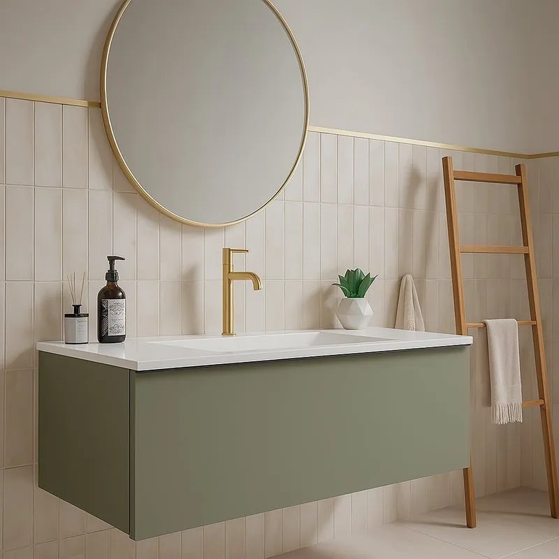 Mobile da bagno sospeso sotto lavabo Pixel plain 2 cassetti L 120 x H 40 x P 45.5 cm verde salvia laccato opaco, con maniglia alluminio nero opaco