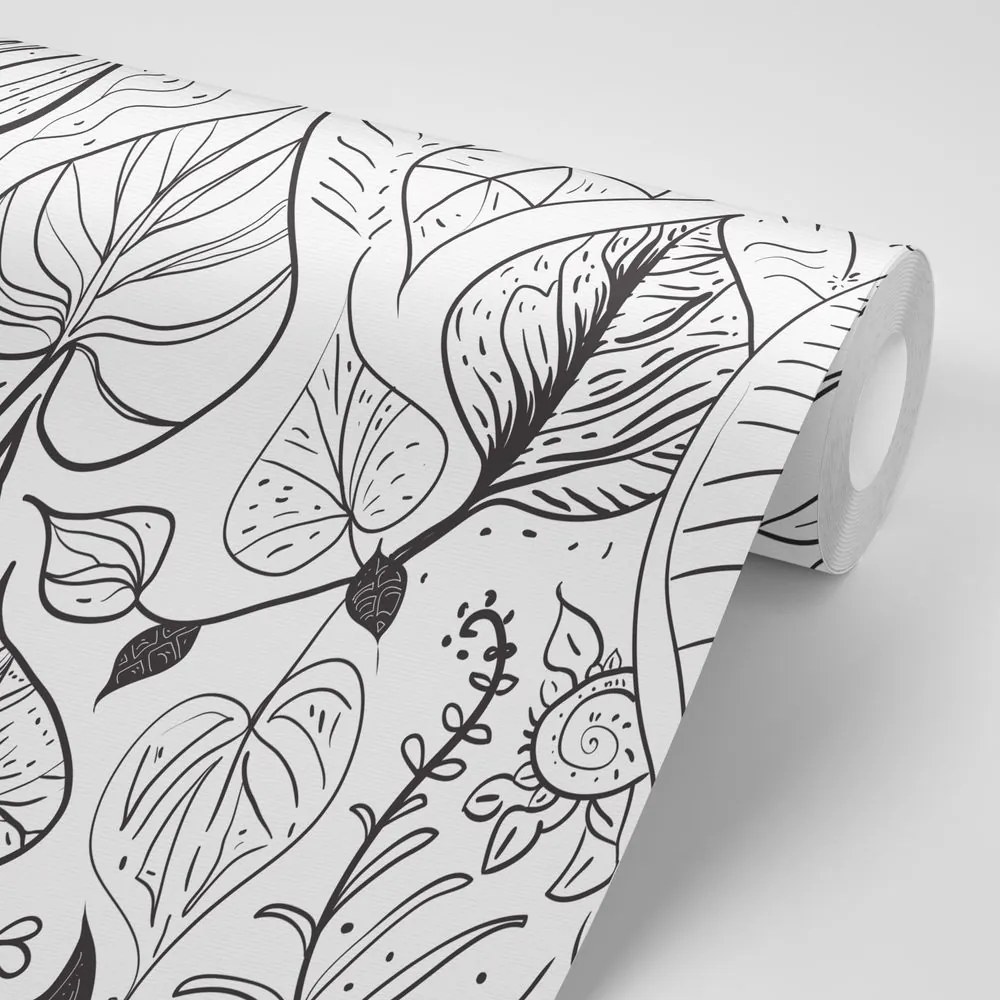 Carta da parati – Foglie magiche in versione bianco e nero