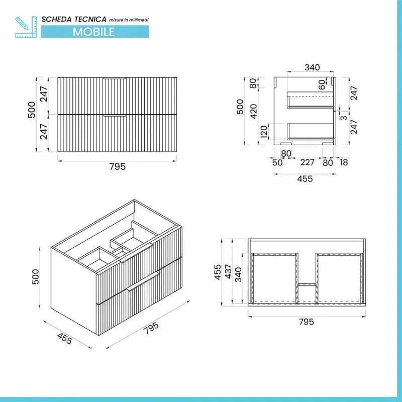 Mobile bagno sospeso 80 cm grigio cannettato e profili neri con lavabo e specchio tondo Zena