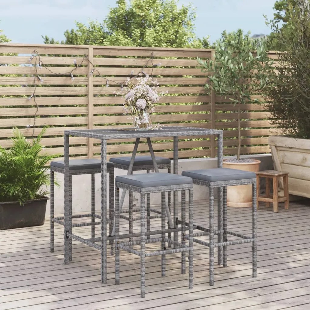 Set bar da giardino 5 pz con cuscini in polyrattan grigio