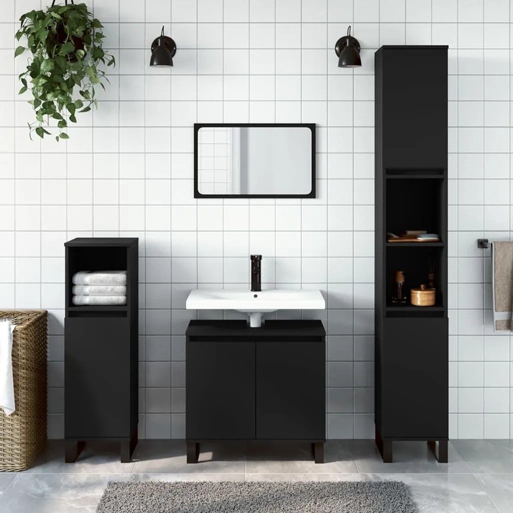 Set di mobili da bagno 3 pz nero in legno multistrato