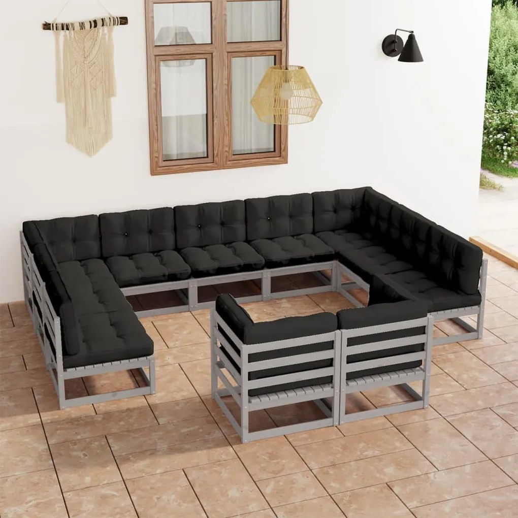 Set Divani da Giardino 11 pz Grigio Cuscini Massello di Pino