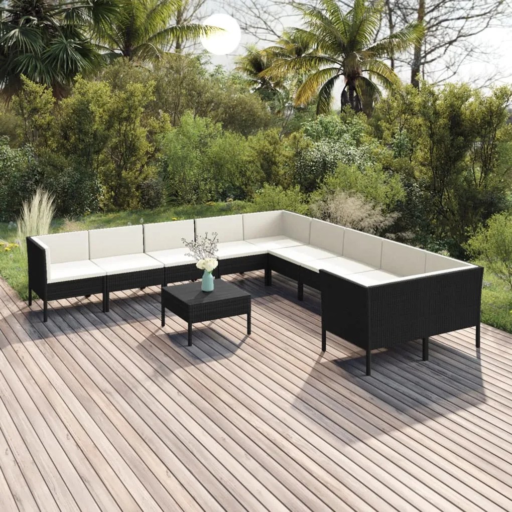 Set divani da giardino 11 pz con cuscini in polyrattan nero