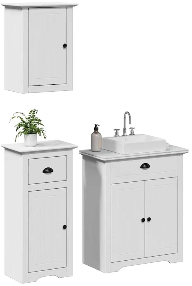 Set Mobili Da Bagno 3 Pz Bodo Bianco İn Legno Massello Di Pino /