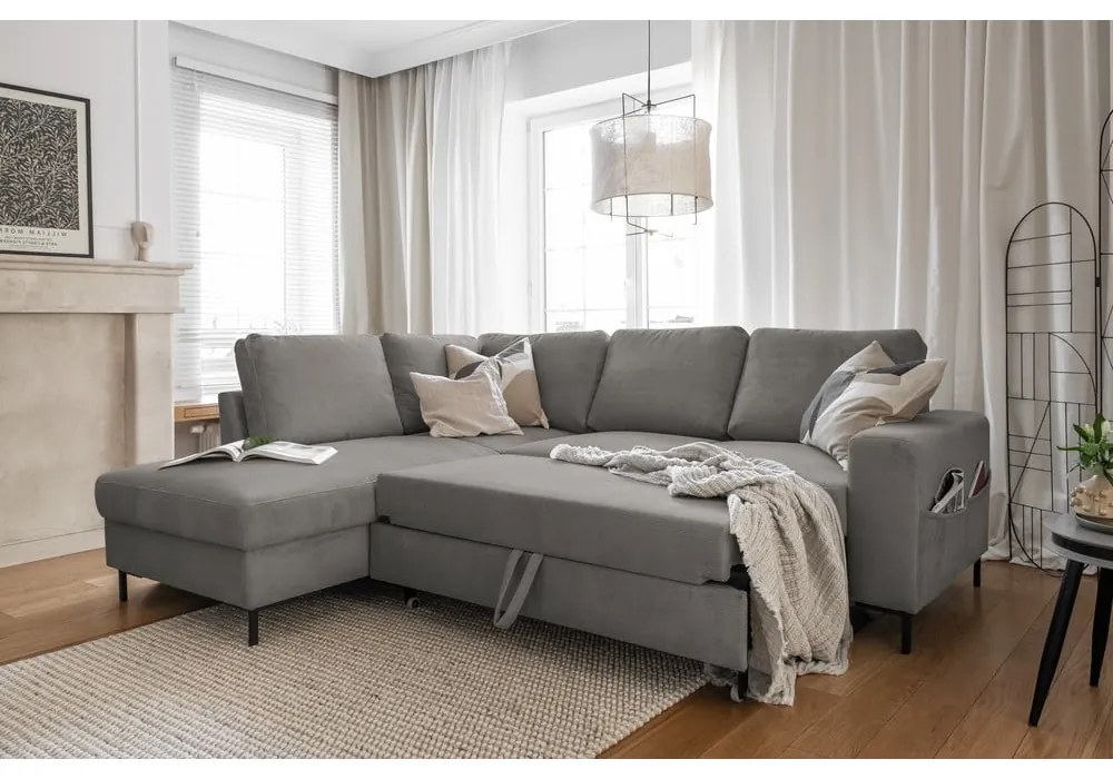 Divano letto in velluto a coste grigio (angolo sinistro) Lofty Lilly - Miuform