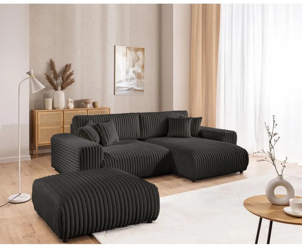 Divano angolare con penisola a destra grigio scuro e rivestimento in velluto a coste allungabile e con contenitore Sarina – Ropez