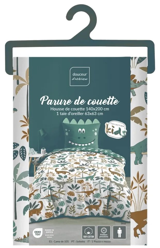 Set copripiumino e federa da bambini bianco/verde in cotone per letto singolo 140x200 cm Dina – douceur d'intérieur