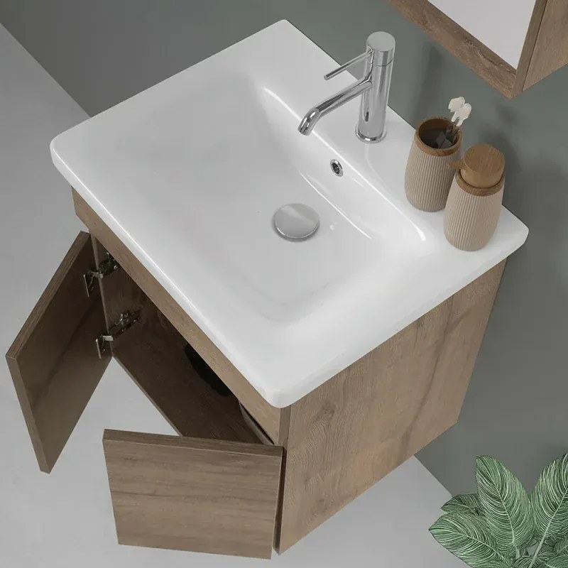 Mobile bagno sospeso 55cm rovere scuro con specchio contenitore Mona