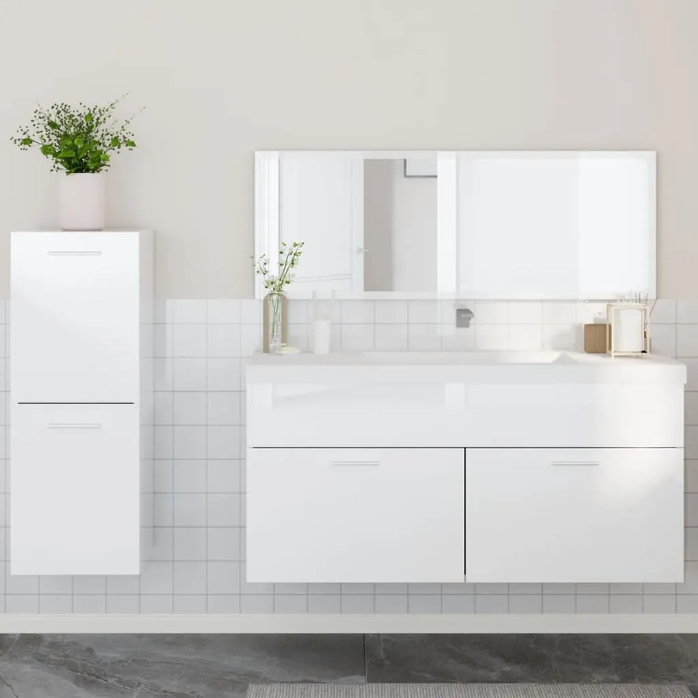 Set Mobili Da Bagno 3 Pz Bianco Lucido İn Legno Multistrato /