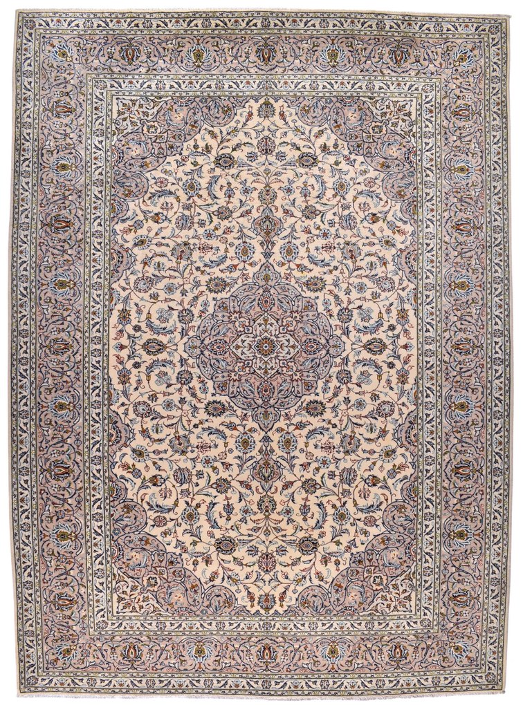 Kashan Tappeto 380x280 Beige (Iran) Annodato A Mano