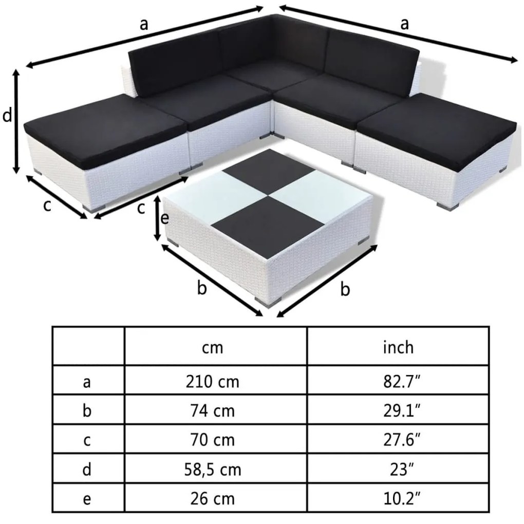 Set divani da giardino 6 pz con cuscini in polyrattan bianco