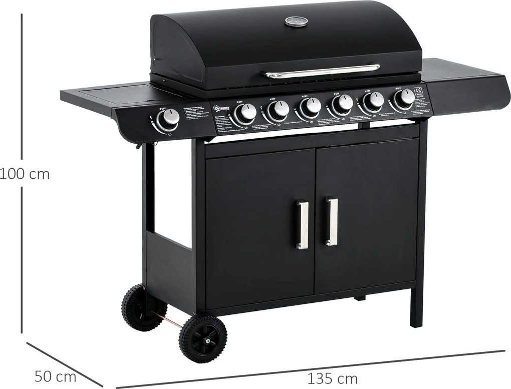 Barbecue a Gas GPL 7 Fuochi 135x50x100 cm con Fornello Laterale Nero...