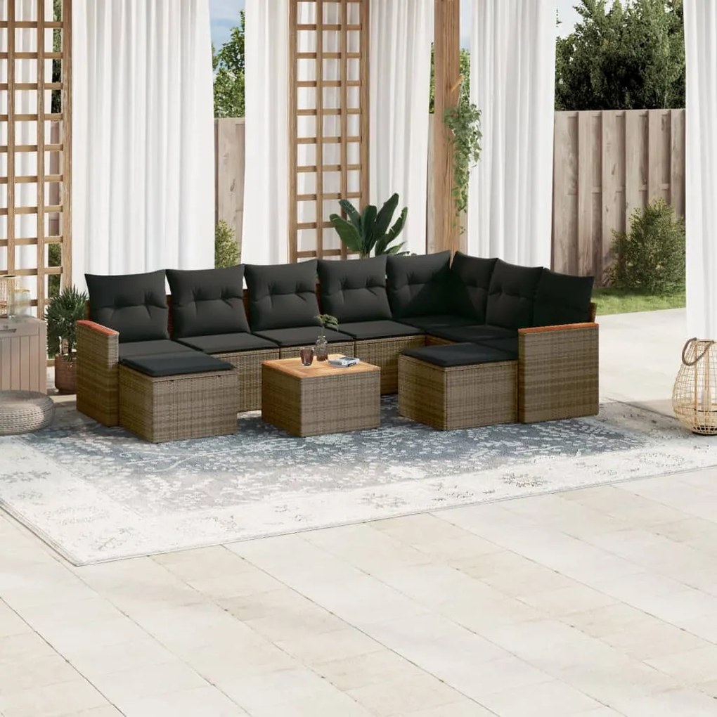 Set divano da giardino 10 pz con cuscini grigio in polyrattan