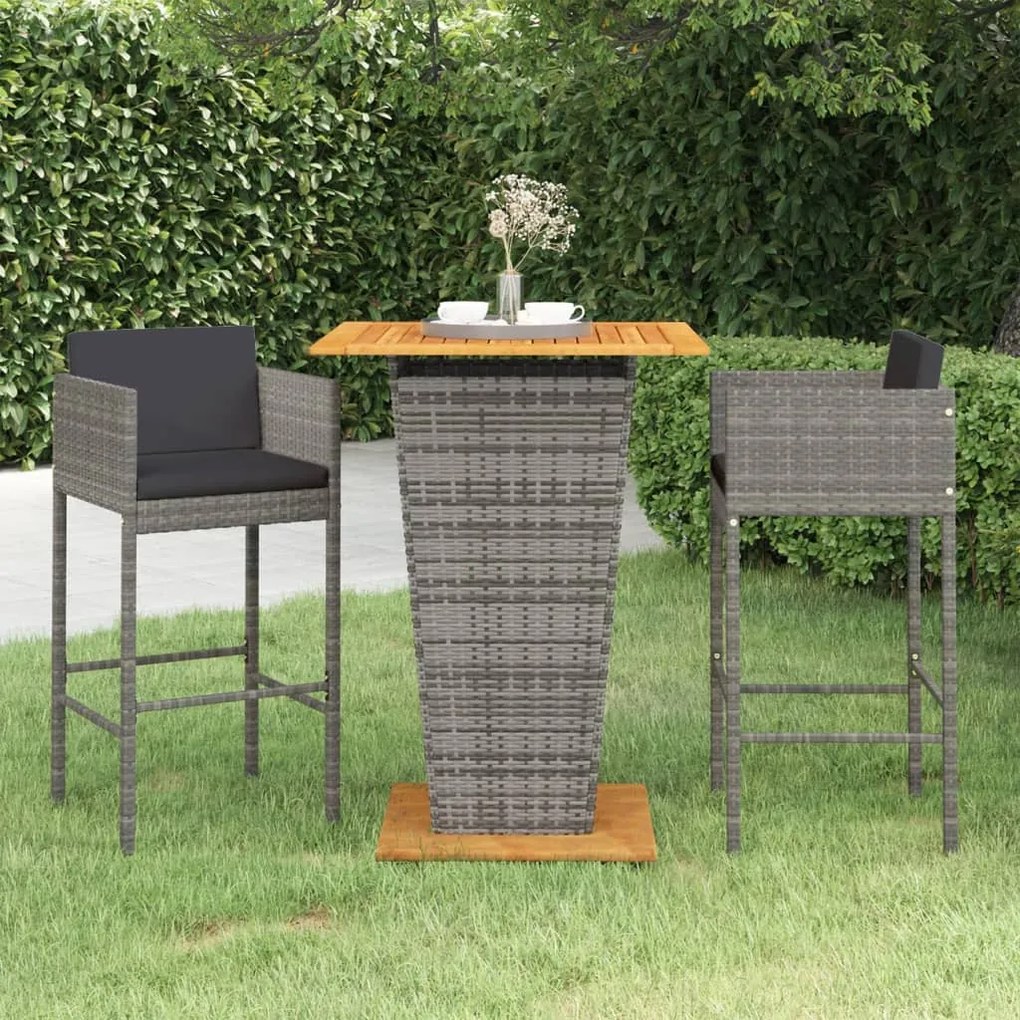 Set bar da giardino 3 pz con cuscini in polyrattan grigio