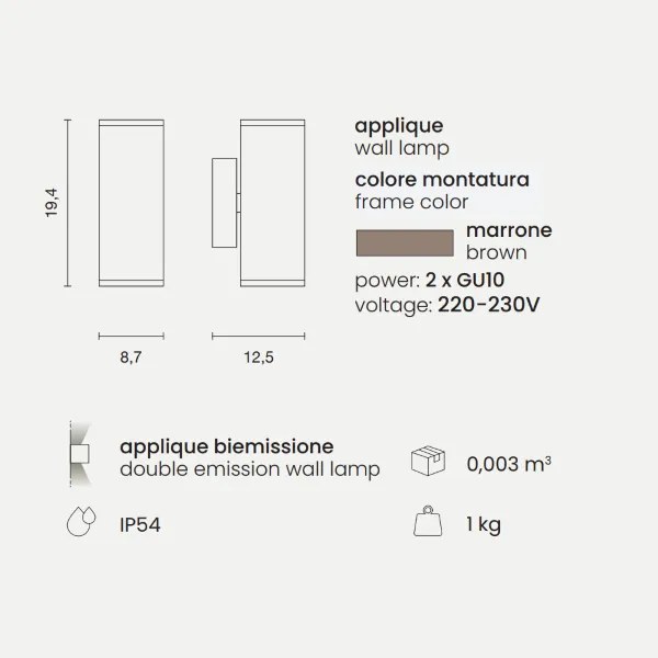 Applique NEVADA 9x12 cm per esterni in alluminio Marrone con diffusore in vetro