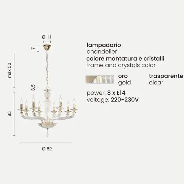 Lampadario a sospensione D82 cm VILLA a 8 luci in vetro lavorato a mano ORO
