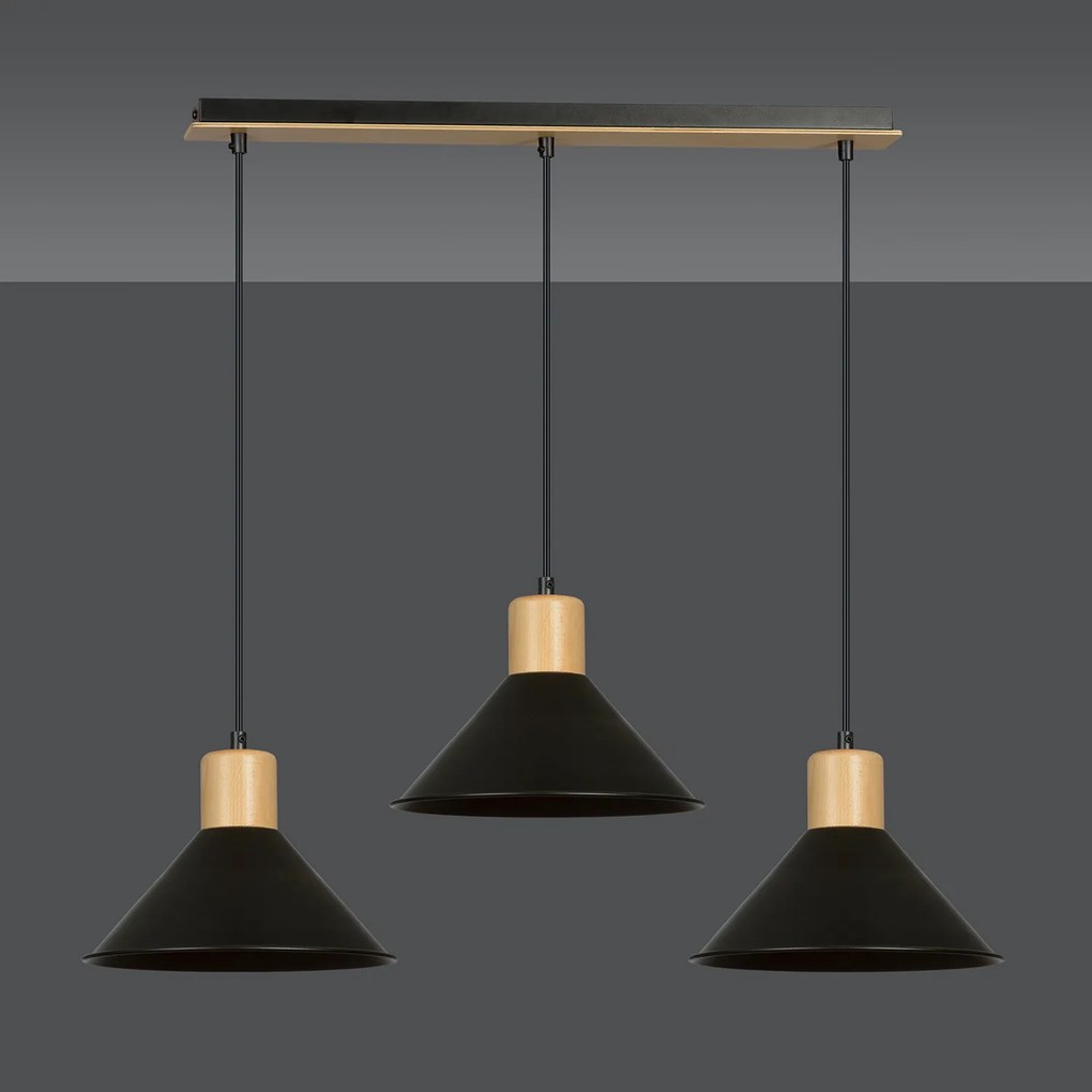 Sospensione Nordica 3 Luci Chandra In Acciaio Nero E Legno