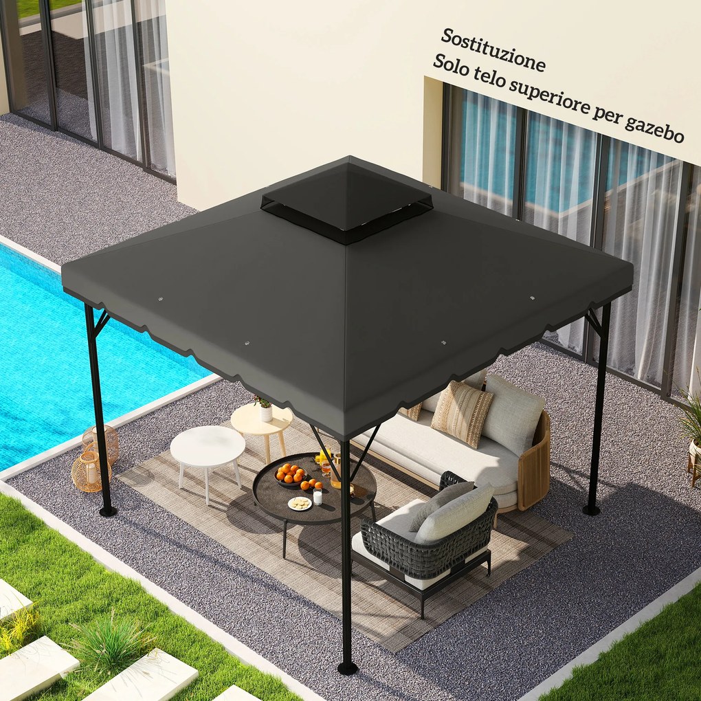 Telo di Ricambio Copertura per Gazebo 3x3 m a 2 Livelli con 8 Fori di Drenaggio in Poliestere Grigio Chiaro e Scuro...