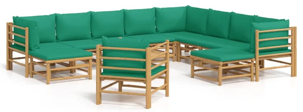 Set salotto da giardino 12pz con cuscini verdi bambù