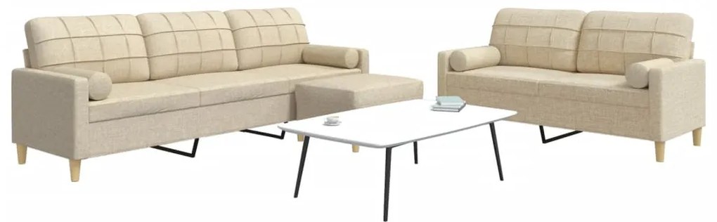 Set Divani 3 Pz Con Poggiapiedi E Cuscini Crema Tessuto /