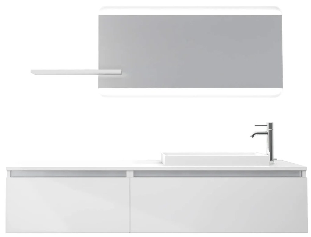 Mobile Bagno 170cm Sospeso, Due Cassetti, Lavabo, Specchio LED Integrato e Mensola