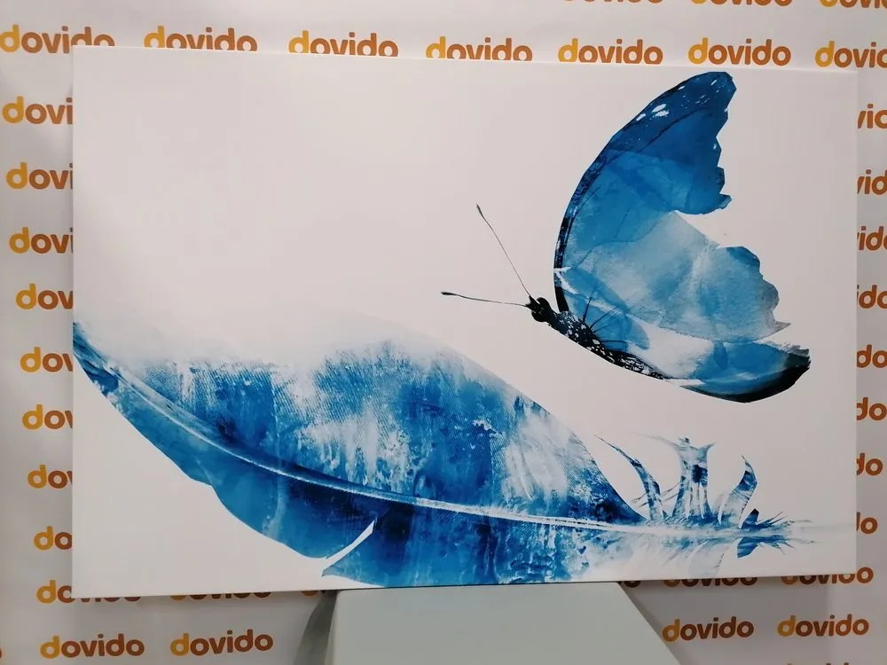 Stampa su tela – Piuma con farfalla in blu