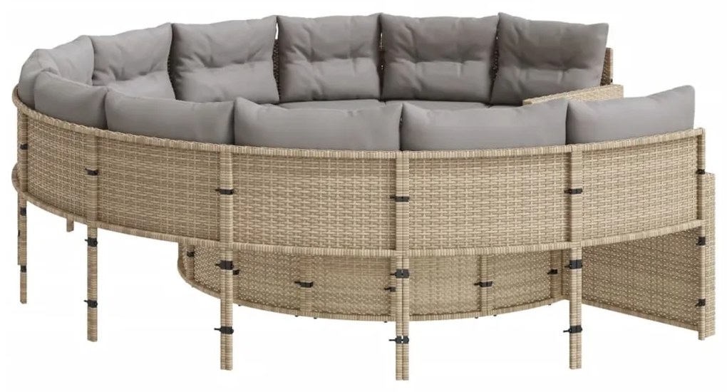 Divano giardino con tavolo e cuscini circolare beige polyrattan