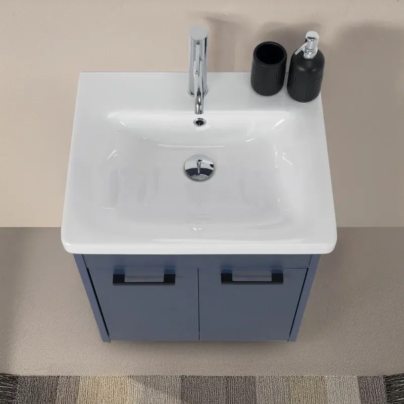 Mobile bagno sospeso 55 cm blu effetto legno con armadietto a specchio Sofia