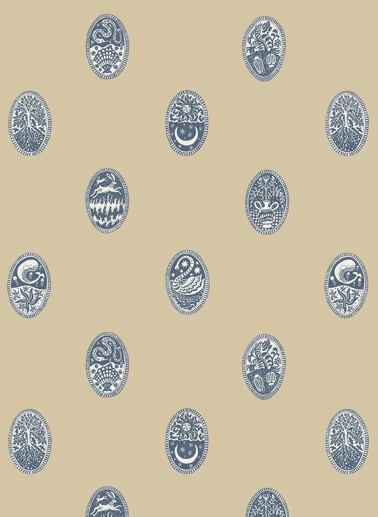 Josephine Munsey Carta da parati Linear Cameos - Shell, Churt Blue/ Cliffwell Stone