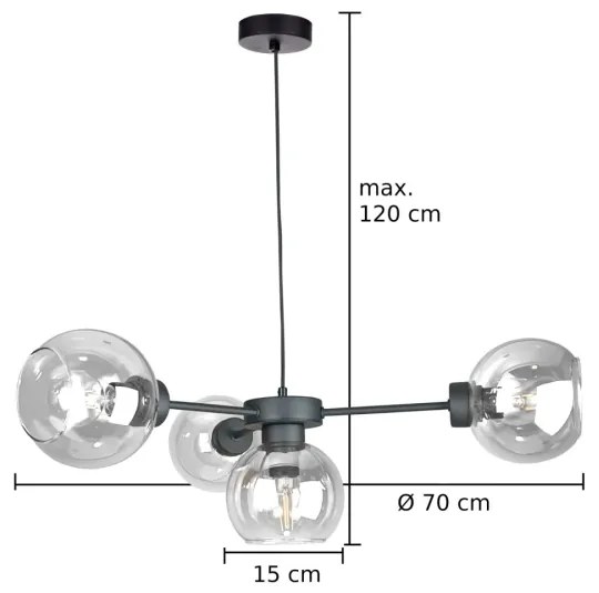 Lampadario a sospensione con filo KALIOPE 4xE27/60W/230V nero/limpido
