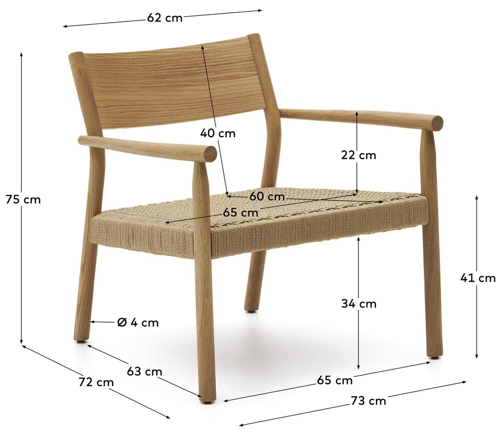 Kave Home - Poltrona Yalia in legno massiccio di rovere FSC 100% finitura naturale e seduta di corda d